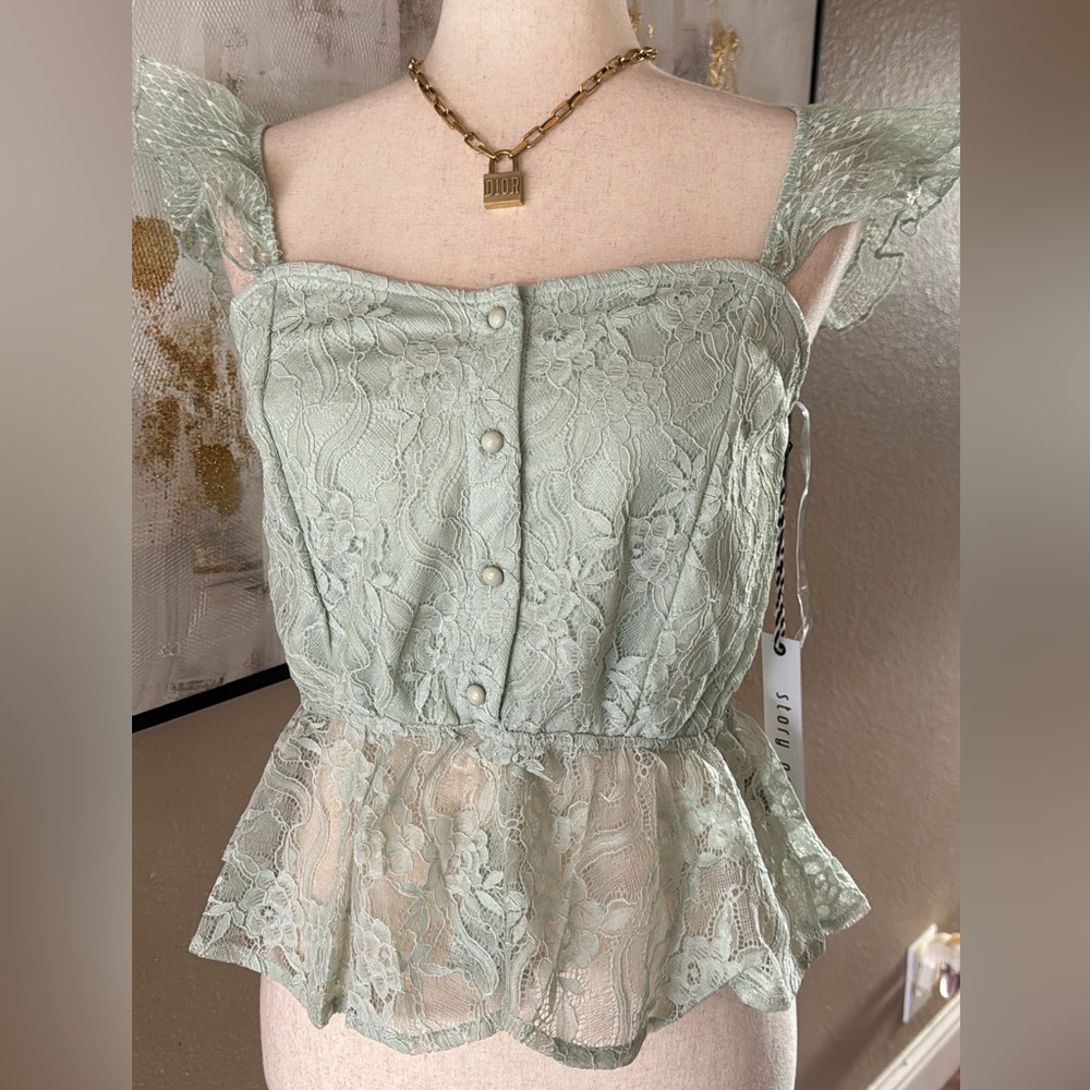 Gorgeous Sage peplum Lace Ruffle Top
